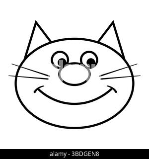 Contorno viso gatto sorridente. Si tratta di un semplice disegno in bianco e nero della faccia di un gatto. L'illustrazione presenta una faccia rotonda con grandi occhi. Illustrazione Vettoriale