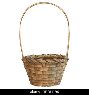 Cestello rotondo in vimini con manico. Per fiori, cibo, decorazioni per la casa e cosmetici. Illustrazione ad acquerello disegnata a mano su sfondo isolato. Foto Stock
