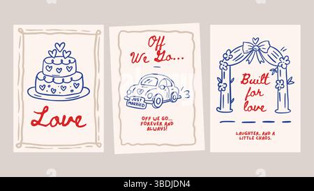 Doodle Wedding Sketch Card Set Love romantico striscione di gesso disegnato a mano Vintage Vector Save the Date Party invito all'evento Illustrazione Vettoriale