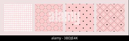 Griglia rosa senza cuciture con linee rustiche e testurizzate a righe ondulate Love Heart Dot Set di sfondo vettoriale astratto Textile Print Collection Coquette Wrapping Paper Illustrazione Vettoriale