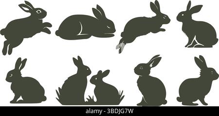 Set di silhouette coniglio pasquale per conigli, sfondo domestico primaverile, collezione di coniglietti animali isolati per la natura Illustrazione Vettoriale
