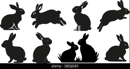 Set di silhouette coniglio pasquale per conigli, sfondo domestico primaverile, collezione di coniglietti animali isolati per la natura Illustrazione Vettoriale