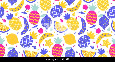 Motivo tropicale di frutta esotica Crayon BG ananas Banana Lemon texture Summer Vector Chalk sfondo astratto senza cuciture Stampa mista organica Illustrazione Vettoriale