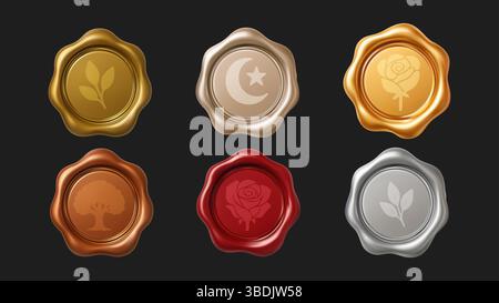 Timbro con sigillo a cera 3d isolato metallizzato sfondo antico Vintage Old Letter Message Tag Set di etichette con certificato Illustrazione Vettoriale