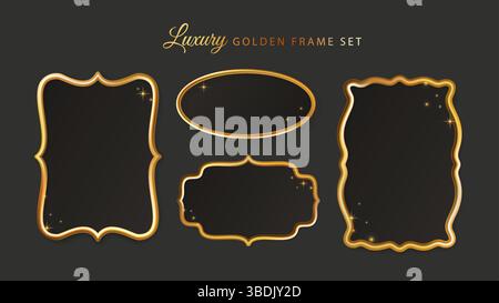 Cornice per striscioni di etichette di lusso in oro dorato, set di ornamenti a forma di bordo Royal in metallo di Natale, collezione Emblem di invito tradizionale Illustrazione Vettoriale