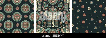 Elefante indiano motivo Vintage motivo etnico Mandala tradizionale senza cuciture BG Set Vector Boho Bohemian Collection Illustrazione Vettoriale