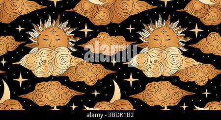 Stravagante motivo vettoriale Sun Cloud Moon e Star Seamless in stile Celestial Alchemy su sfondo Dark Sky Illustrazione Vettoriale