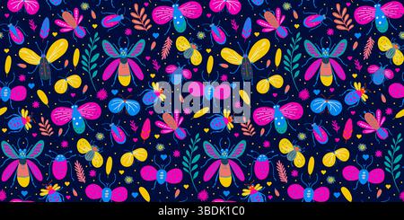 Stravagante Insect Butterfly Bug Moth Flower e Leaf in stile fantasia decorativo su sfondo scuro Illustrazione Vettoriale