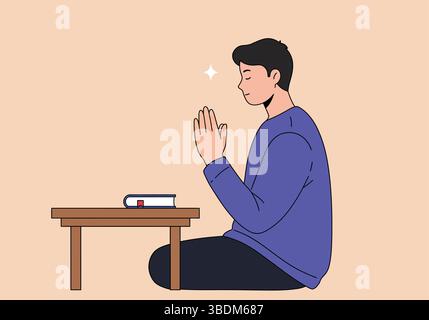 Uomo in preghiera con libro su tavola di legno Illustrazione Vettoriale