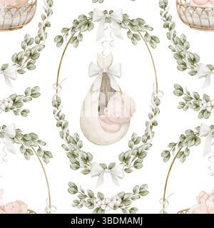 Motivo ad acquerello senza cuciture con neonati addormentati in fagiolini, ondulati in corone a nastro e circondati da foglie di eucalipto. Illustrazione sfondo pf con carta da imballaggio infantile nella culla. Foto Stock