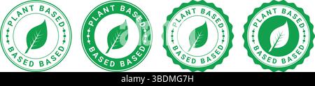 etichette circolari verdi a base di piante con l'icona della foglia utilizzate per imballaggi alimentari vegani, naturali ed ecologici Illustrazione Vettoriale