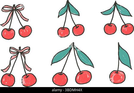 Set colorato disegnato con matita in ciliegio. Bacche di coquette con fiocchi e foglie isolate su sfondo bianco. Elementi ruvidi grunge alla frutta. Vettoriale k Illustrazione Vettoriale