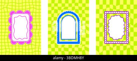 Arcata retrò e cornici geometriche con sfondo a scacchiera. Set di divertenti colori neon bordi con bordi scaloppati. Caselle di testo e didascalia t Illustrazione Vettoriale
