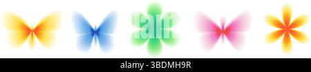 Set di forme sfumate per farfalle e fiori. Forme retrò di insetti floreali e farfalla Y2K. Icone di gradazione colorate su sfondo bianco. Stile trendy Illustrazione Vettoriale