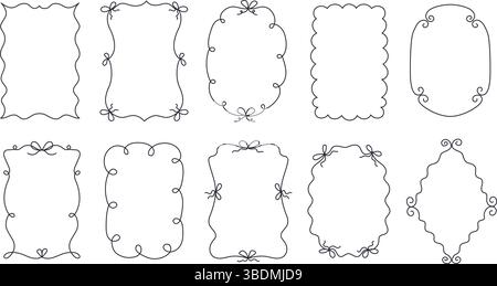Riquadri a linee ricurve disegnati a mano. Cornice a doodle con archi, sagome dei bordi e cornici decorative per schizzi con bordi ondulati, vortici e smerlati Illustrazione Vettoriale