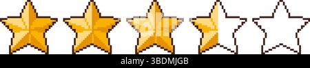 Stelle di valutazione pixel art. Cinque icone di feedback e recensioni dei clienti, elementi gialli di gioco arcade a 8 bit. Punteggio in pixel e vettore di livello Illustrazione Vettoriale
