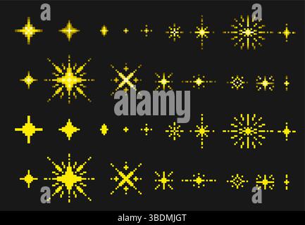 La pixel art scintilla e le stelle. scintillio a 8 bit, scintille di pixel e scintillio. Stella pixelata gialla, elementi di gioco arcade retrò. I fuochi d'artificio scoppiano negli anni '90 e. Illustrazione Vettoriale