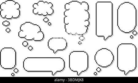 Fumetto di riconoscimento della nuvola pixel art. Casella di testo fumettistica a forma di nuvola, dialogo di testo a 8 bit con pixel, bolla di pensiero, citazioni di gioco retrò e chat box con Illustrazione Vettoriale