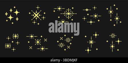 I pixel art brillano. Stelle, scintille a 8 bit, scintille di pixel. Stella spaziale pixelata d'oro, elementi magici del gioco arcade retrò. Natale festivo Illustrazione Vettoriale