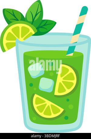 Un'illustrazione vettoriale piatta di un colorato mojito estivo. Illustrazione Vettoriale