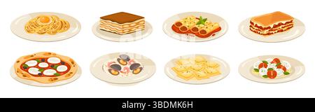 Piatti della cucina italiana. Lasagne di cucina mediterranea, pizza e ravioli, tiramisù e risotto, caprese e frutti di mare pasto tradizionale della cucina italiana Illustrazione Vettoriale