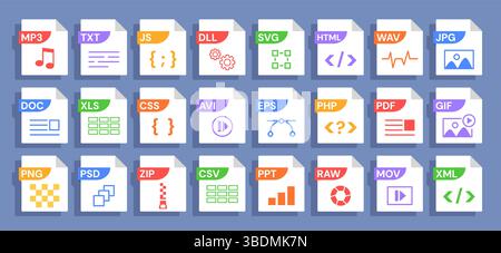 Icone dei formati di file con etichette di vari formati: PDF, JPG e MP3, HTML e ZIP, PHP e SVG, EPS e PSD, PNG. Simboli per i tipi di file con documento Illustrazione Vettoriale