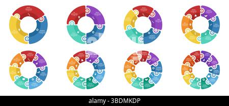 Modelli infografici con diagramma circolare. Grafico rotondo con icone aziendali, opzioni o processi da 3 a 10 fasi, avvio passo per passo, flusso di lavoro del progetto Illustrazione Vettoriale