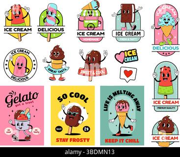 Marchio del gelato. Simpatici personaggi del gelato, cioccolato e gelato, dolci latticini freddi e dessert fruttato. Simpatica mascotte kawaii dei cartoni animati retrò Illustrazione Vettoriale