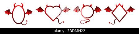Cornici del diavolo di Halloween. Cornice fotografica demone con ali rosse, coda e corna. Bordi a forma di diamante, cerchio e ovale, a forma di cuore. Il simbolo del male per Halloween Illustrazione Vettoriale