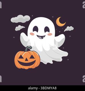 Adorabile fantasma di Halloween con zucca: Adorabile illustrazione vettoriale sorridente su sfondo nero Illustrazione Vettoriale
