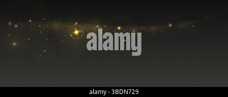 Traccia di polvere d'onda orizzontale dorata con stelle, scintillanti scintillanti e particelle scintillanti su sfondo scuro. Illustrazione vettoriale. Illustrazione Vettoriale