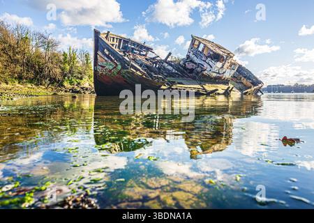 Relitto di un peschereccio di legno abbandonato sulla riva. Fotografato a Quelmer vicino Saint-Malo, Francia Foto Stock