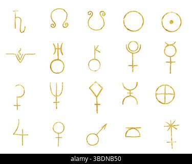 Simboli astrologici dei pianeti. Illustrazione acquerello. Un set, isolato su sfondo bianco. Il sole, Venere, Marte e mercurio, così come Luna, Jupi Foto Stock