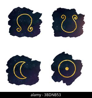 Simboli astrologici dei pianeti. Illustrazione acquerello. Un set, isolato su sfondo bianco. Il segno del sole e della luna, il disegno simbolico Foto Stock