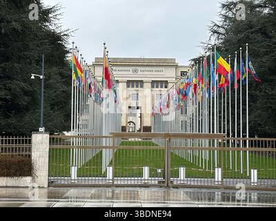 Ginevra, Svizzera - 13 gennaio 2023: Edificio delle Nazioni Unite a Ginevra. Questo è uno dei quattro principali uffici delle Nazioni Unite. Foto Stock