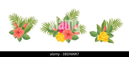Composizione di fiori tropicali con ibisco, rose e foglie di palma Illustrazione Vettoriale