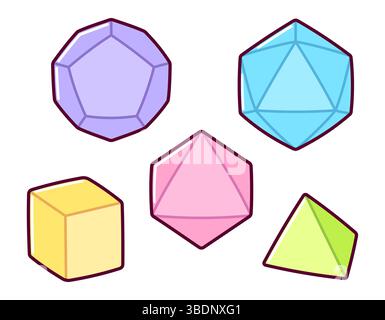Set di dadi per giochi di ruolo fantasia da tavolo. Cinque poliedri di colore diverso. Graziose icone vettoriali in stile cartoni animati. Illustrazione Vettoriale