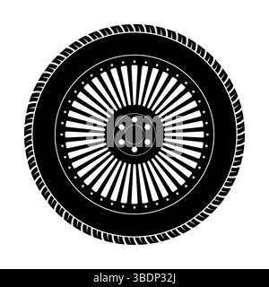 Pneumatico con illustrazione dettagliata del vettore del cerchione. Si tratta di un'illustrazione vettoriale in bianco e nero di uno pneumatico con un design dettagliato del cerchione. Illustrazione Vettoriale