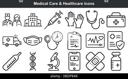 Le icone mediche del settore sanitario impostano grafica line art Illustrazione Vettoriale