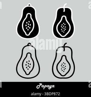 Quattro semplici illustrazioni di frutta di papaia bianco e nero Illustrazione Vettoriale