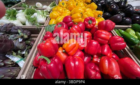 Pepe rosso e giallo in casse al mercato europeo, in Italia. Cibo biologico locale e salute. Verdure di stagione. Foto Stock