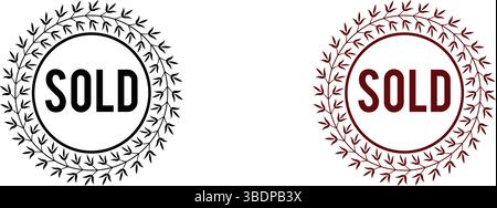 Icona distintivo venduto, simbolo, etichetta, badge, logo, sigilla, timbra, firma il design vettoriale circolare rosso e blu per la vendita al dettaglio, il settore immobiliare e l'e-commerce Illustrazione Vettoriale