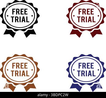 Icona distintivo di prova gratuita, simbolo, etichetta, badge, logo, sigilla, timbra, firma etichette vettoriali in blu, rosso, nero, marrone per offerte e abbonamenti Illustrazione Vettoriale