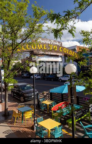 Benvenuto al cartello Golden nel centro di Golden, Colorado, Stati Uniti Foto Stock