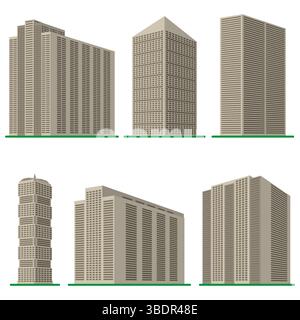 Si compone di sei alti e moderni edifici su sfondo bianco. Vista dell'edificio dal basso. Illustrazione vettoriale isometrica. Illustrazione Vettoriale
