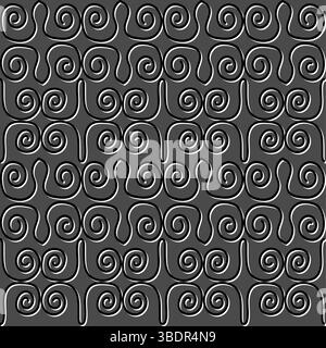 Questo disegno vettoriale 3D presenta un pattern continuo di intricate spirali vorticose in bianco e nero, su uno sfondo grigio freddo Illustrazione Vettoriale