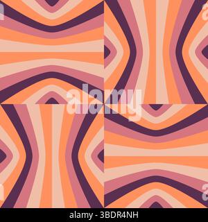 Questa grafica vettoriale presenta un motivo a ripetizione senza interruzioni di quattro design identici, ognuno dei quali presenta una serie di strisce curve e ondulate in un caldo, Illustrazione Vettoriale