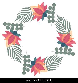 Cornice circolare a tema giungla con foglie tropicali, vegetazione lussureggiante e fiori di loto Illustrazione Vettoriale