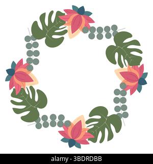 Scena circolare ispirata alla giungla con foglie tropicali e vegetazione lussureggiante con fiori di loto Illustrazione Vettoriale