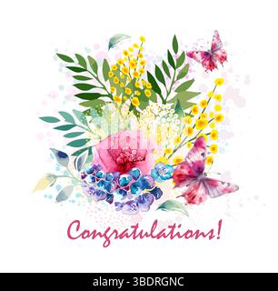 Biglietto d'auguri. Fiori di acquerello. disegnato a mano. Non ai, illustrazione vettoriale Illustrazione Vettoriale